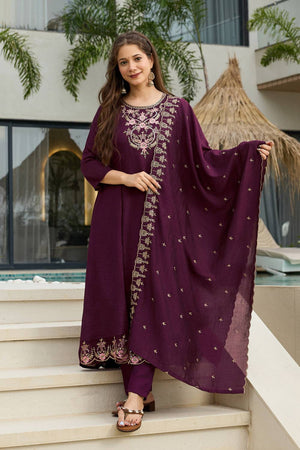 Wine Floral Embroidered Silk Anarkali Suit Set