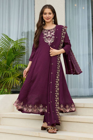 Wine Floral Embroidered Silk Anarkali Suit Set