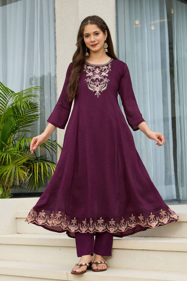 Wine Floral Embroidered Silk Anarkali Suit Set