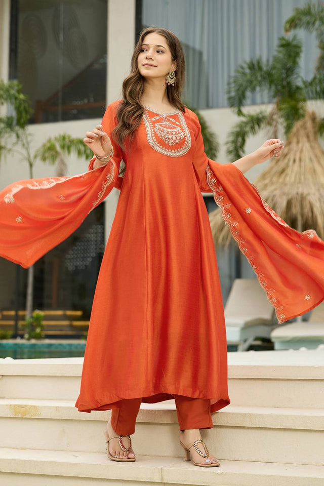 Orange Floral Embroidered Silk Anarkali Suit Set