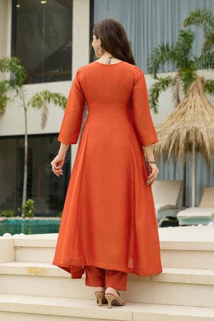 Orange Floral Embroidered Silk Anarkali Suit Set