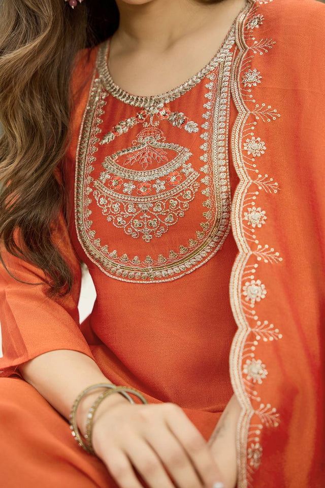 Orange Floral Embroidered Silk Anarkali Suit Set