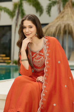 Orange Floral Embroidered Silk Anarkali Suit Set