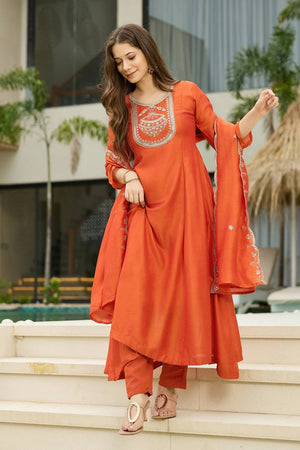 Orange Floral Embroidered Silk Anarkali Suit Set