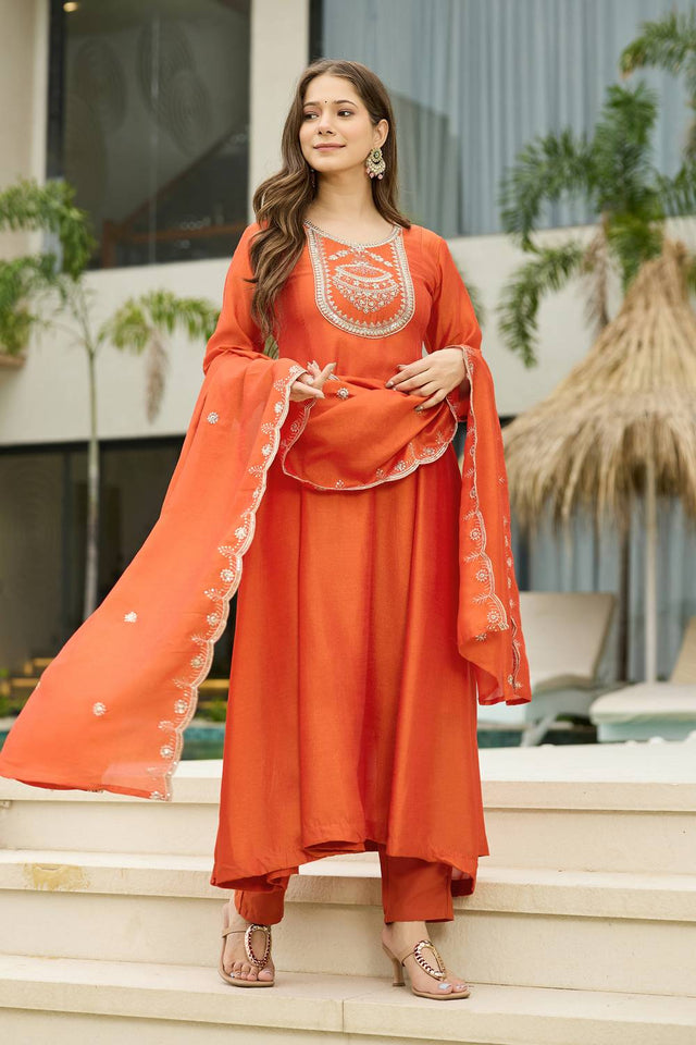 Orange Floral Embroidered Silk Anarkali Suit Set