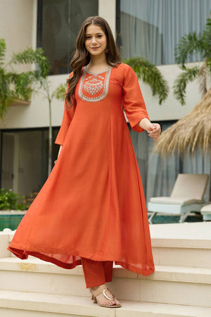 Orange Floral Embroidered Silk Anarkali Suit Set