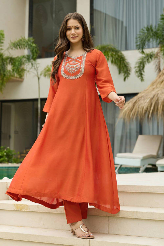 Orange Floral Embroidered Silk Anarkali Suit Set