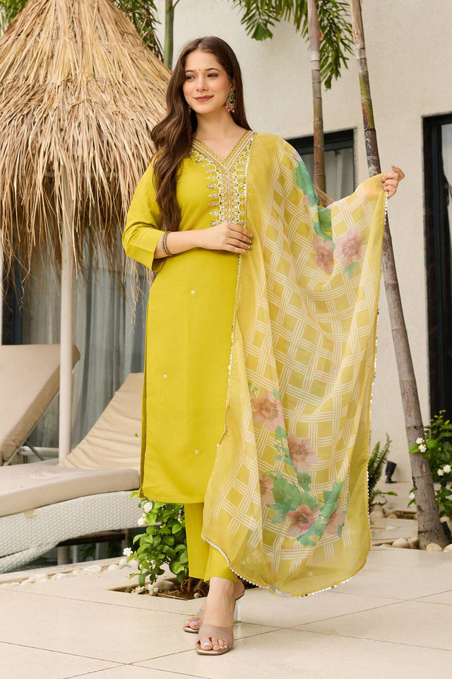 Yellow Sequin with Embroidered Viscose Kurti Pant Set