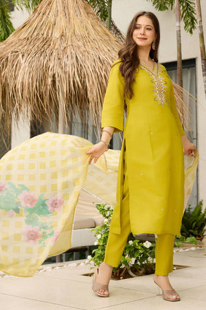 Yellow Sequin with Embroidered Viscose Kurti Pant Set