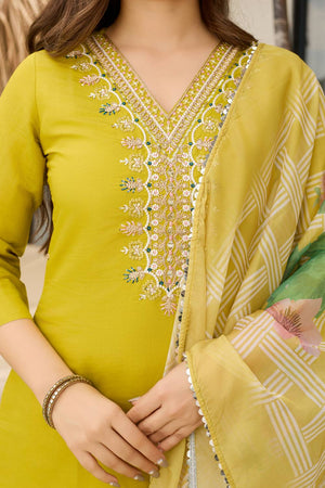 Yellow Sequin with Embroidered Viscose Kurti Pant Set