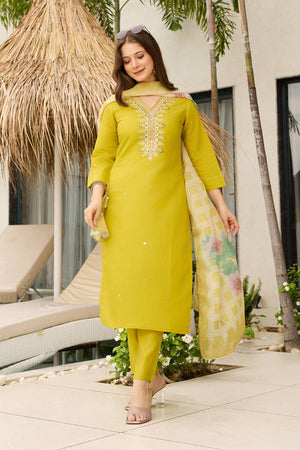 Yellow Sequin with Embroidered Viscose Kurti Pant Set