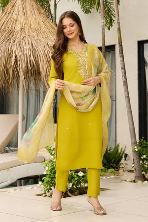 Yellow Sequin with Embroidered Viscose Kurti Pant Set