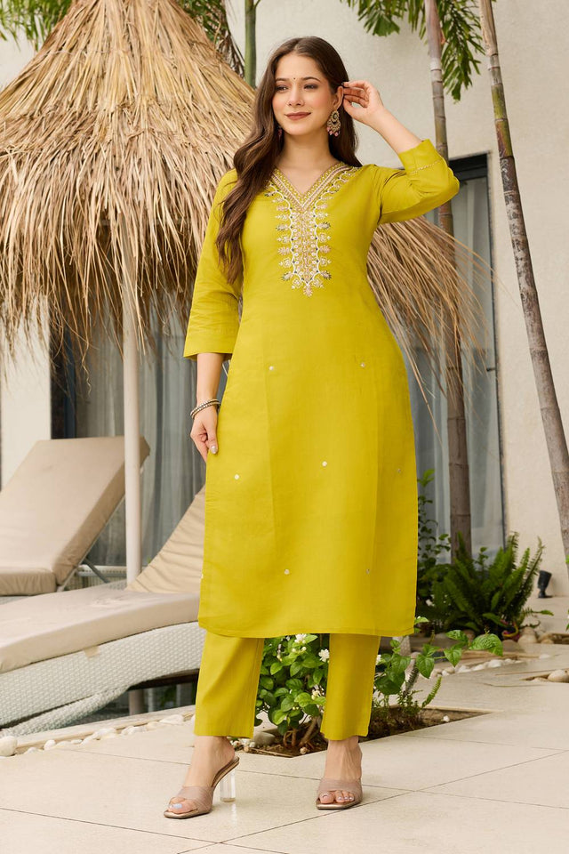 Yellow Sequin with Embroidered Viscose Kurti Pant Set