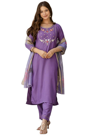 Violet Floral Embroidered Viscose Kurti Pant Set