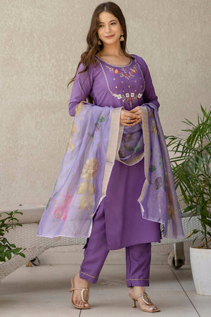 Violet Floral Embroidered Viscose Kurti Pant Set