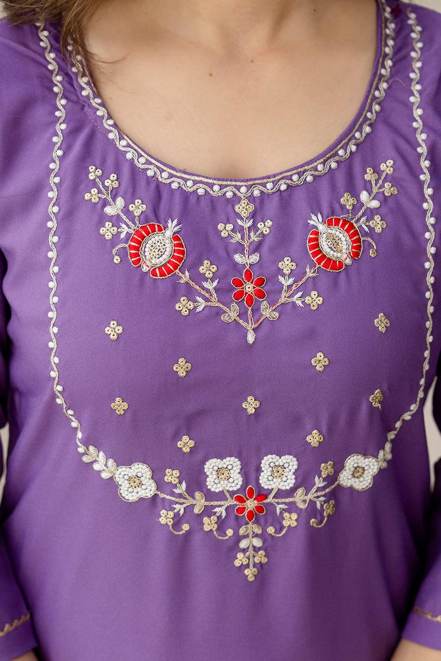 Violet Floral Embroidered Viscose Kurti Pant Set