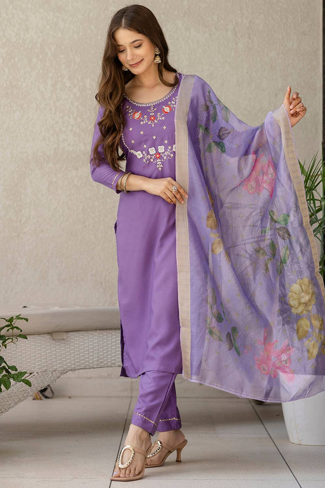 Violet Floral Embroidered Viscose Kurti Pant Set