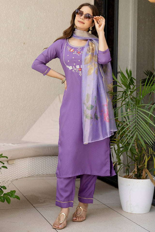 Violet Floral Embroidered Viscose Kurti Pant Set