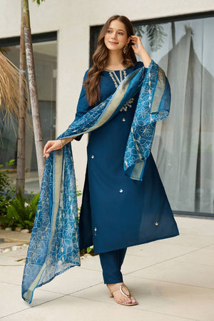 Navy-Blue Floral Embroidered Rayon Kurti Pant Set