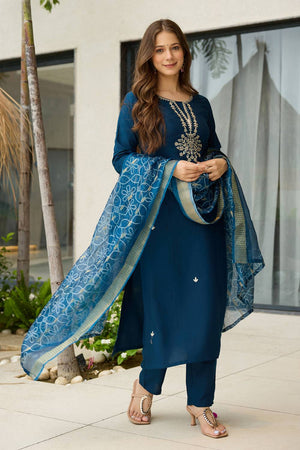 Navy-Blue Floral Embroidered Rayon Kurti Pant Set