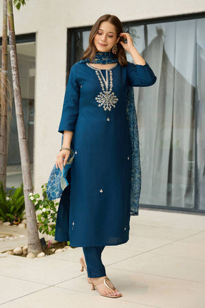 Navy-Blue Floral Embroidered Rayon Kurti Pant Set
