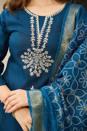 Navy-Blue Floral Embroidered Rayon Kurti Pant Set