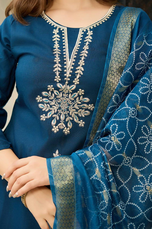 Navy-Blue Floral Embroidered Rayon Kurti Pant Set