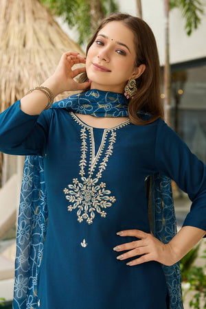 Navy-Blue Floral Embroidered Rayon Kurti Pant Set