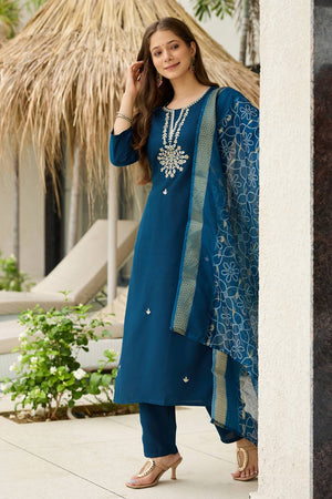 Navy-Blue Floral Embroidered Rayon Kurti Pant Set