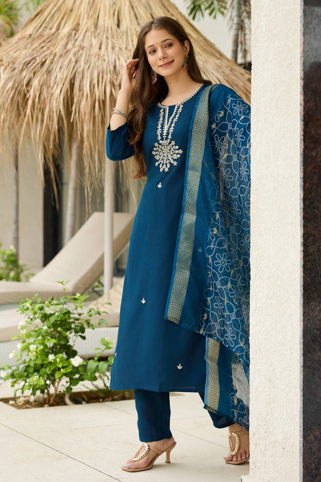Navy-Blue Floral Embroidered Rayon Kurti Pant Set