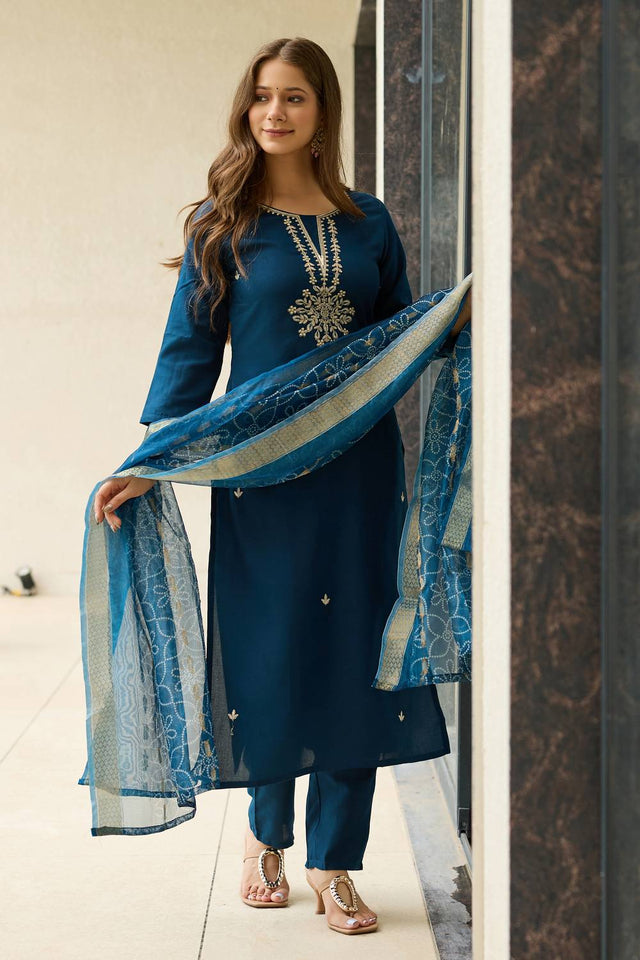 Navy-Blue Floral Embroidered Rayon Kurti Pant Set