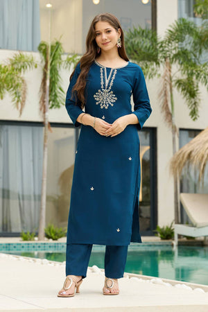 Navy-Blue Floral Embroidered Rayon Kurti Pant Set