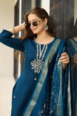 Navy-Blue Floral Embroidered Rayon Kurti Pant Set