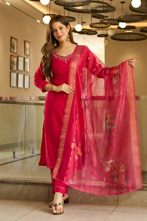 Red Embroidered Viscose Kurti Pant Set