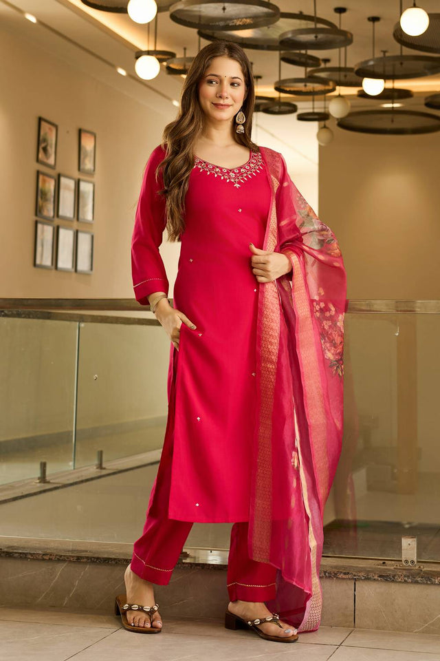 Red Embroidered Viscose Kurti Pant Set