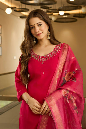 Red Embroidered Viscose Kurti Pant Set