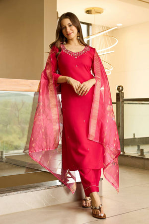 Red Embroidered Viscose Kurti Pant Set
