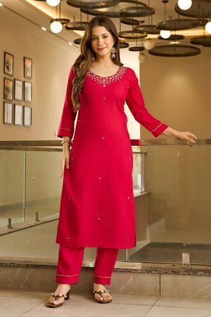 Red Embroidered Viscose Kurti Pant Set