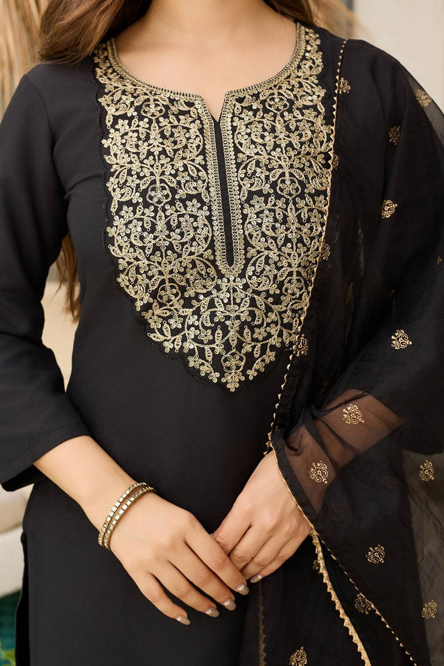 Black Sequin with Embroidered Viscose Kurti Pant Set