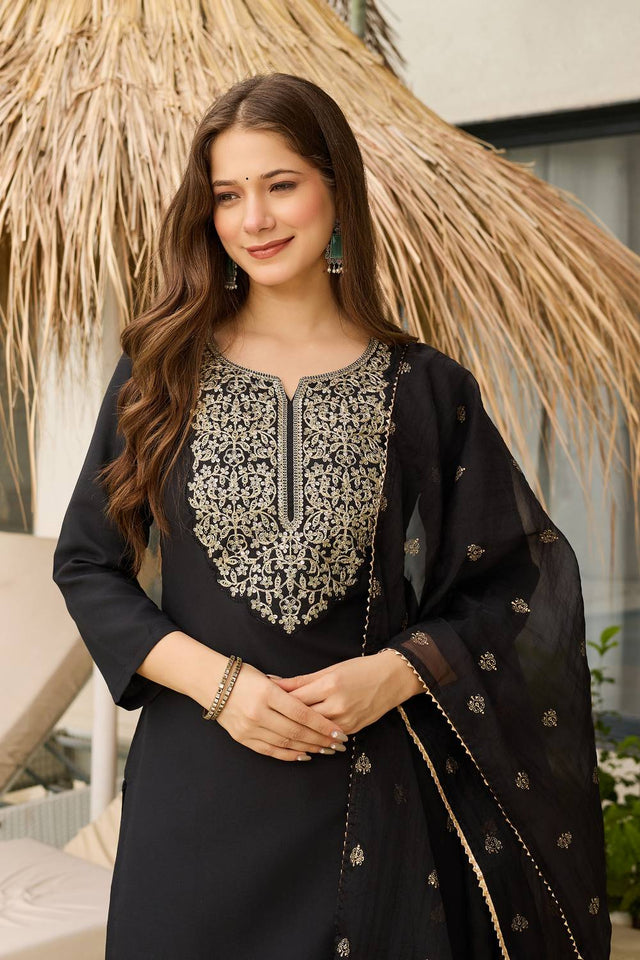 Black Sequin with Embroidered Viscose Kurti Pant Set