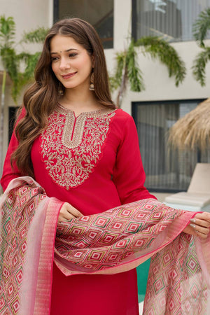 Red Sequin with Embroidered Rayon Kurti Pant Set