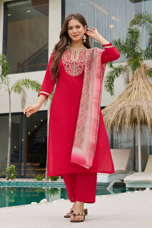 Red Sequin with Embroidered Rayon Kurti Pant Set