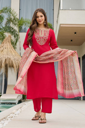 Red Sequin with Embroidered Rayon Kurti Pant Set