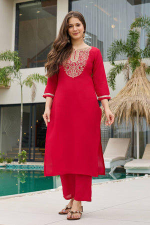 Red Sequin with Embroidered Rayon Kurti Pant Set