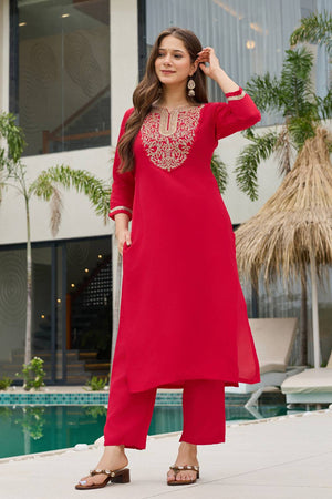 Red Sequin with Embroidered Rayon Kurti Pant Set