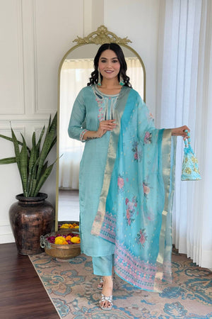 Blue Floral Embroidered Viscose Kurti Pant Set