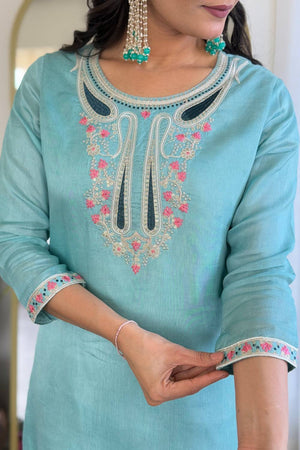 Blue Floral Embroidered Viscose Kurti Pant Set