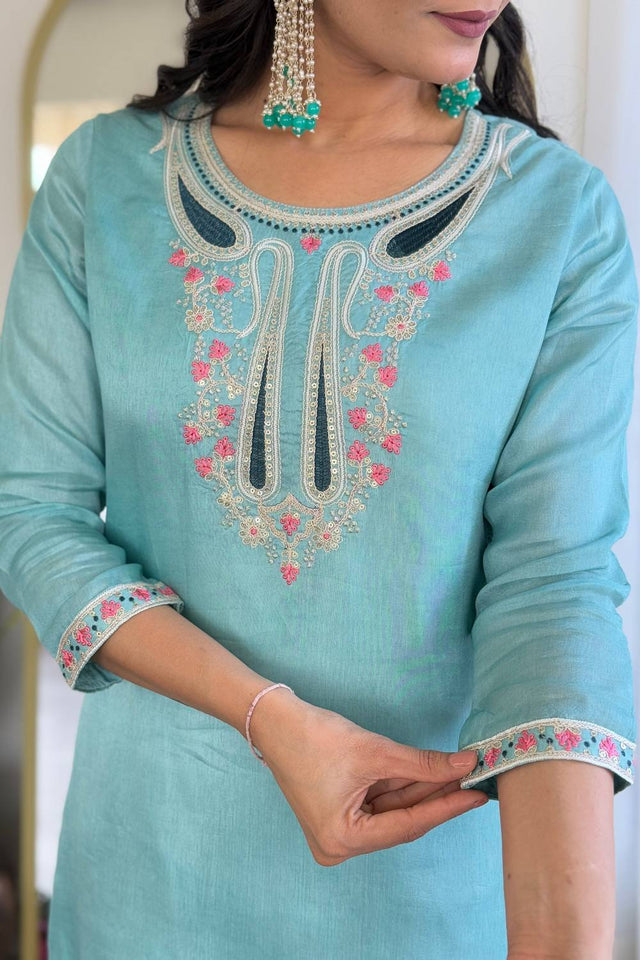 Blue Floral Embroidered Viscose Kurti Pant Set