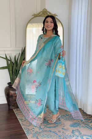 Blue Floral Embroidered Viscose Kurti Pant Set