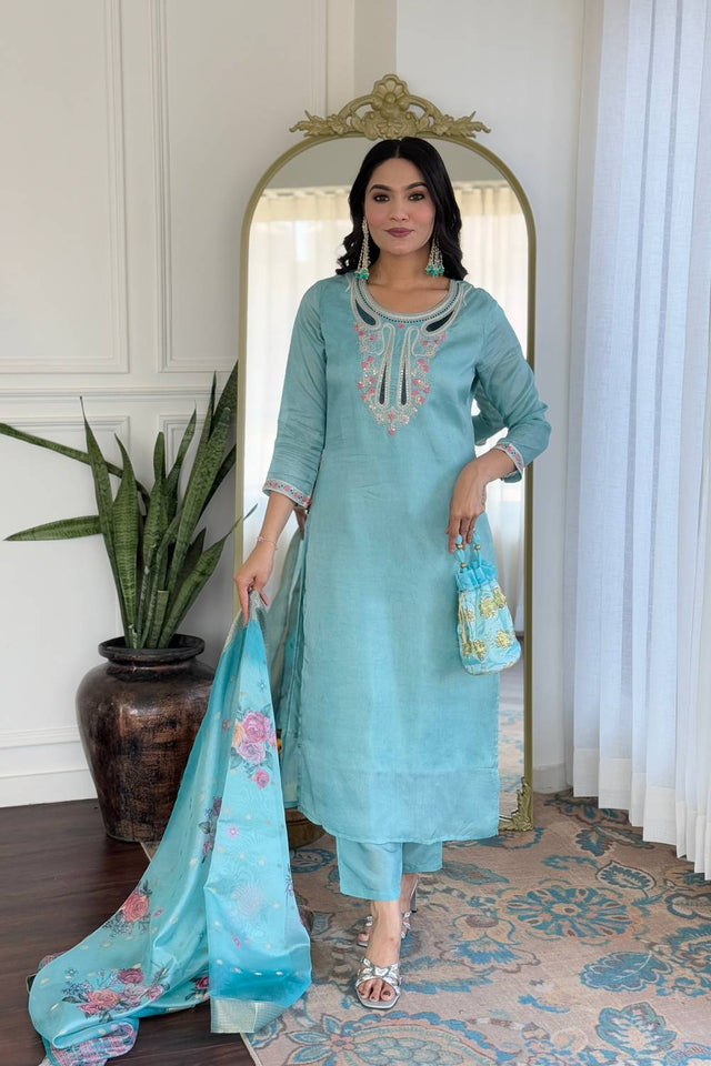 Blue Floral Embroidered Viscose Kurti Pant Set